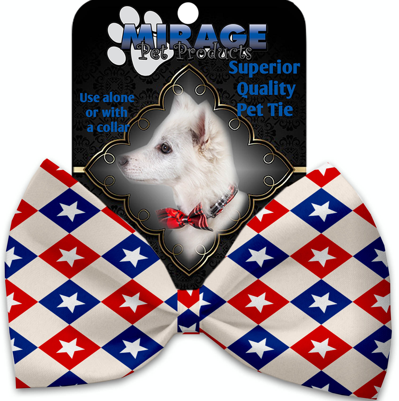 Patriotic Checkered Stars Pet Bow Tie Collar Accessory with Velcro