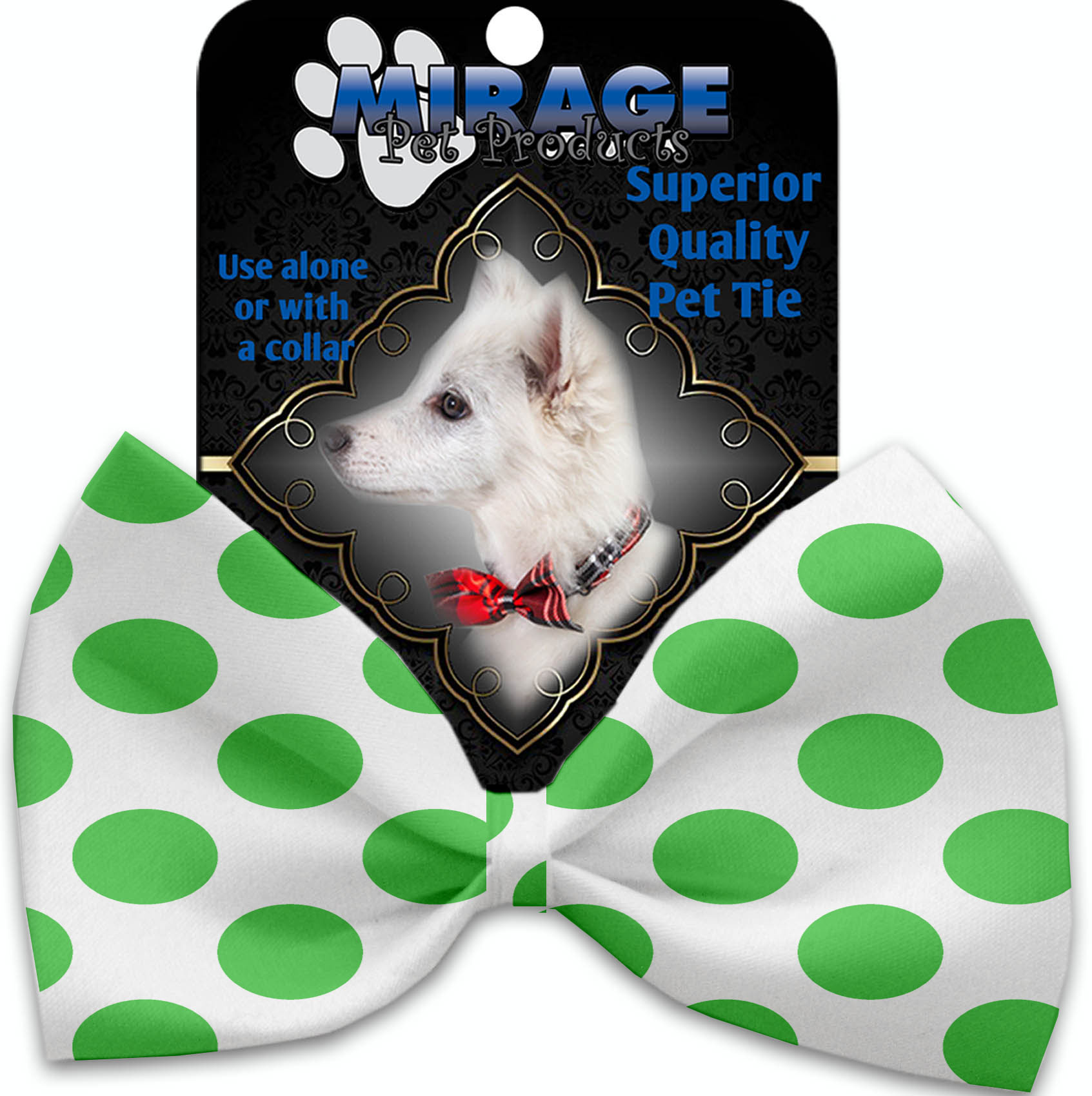 White and Green Dotted Pet Bow Tie Collar Accessory with Velcro