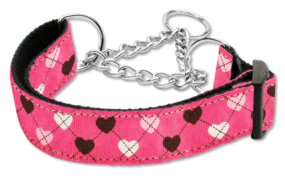 Argyle Hearts Nylon Ribbon Collar Martingale Bright Pink Large