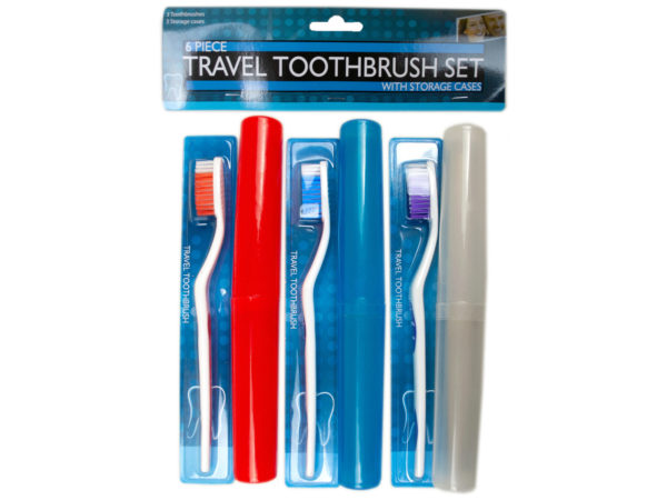 Case of 6 - 6 Piece Travel Toothbrush Set with Cases