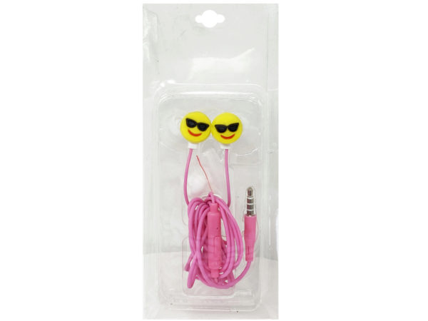 Case of 24 - Emoji Sunglasses Earbuds in Pink & Yellow