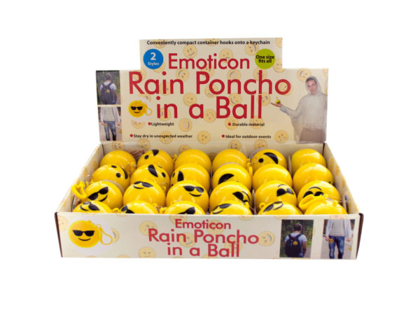 Case of 24 - Emoticon Rain Poncho in a Ball Countertop Display
