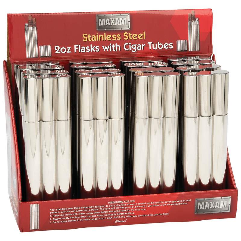SS FLASK WITH 2 CIGAR TUBES-DI