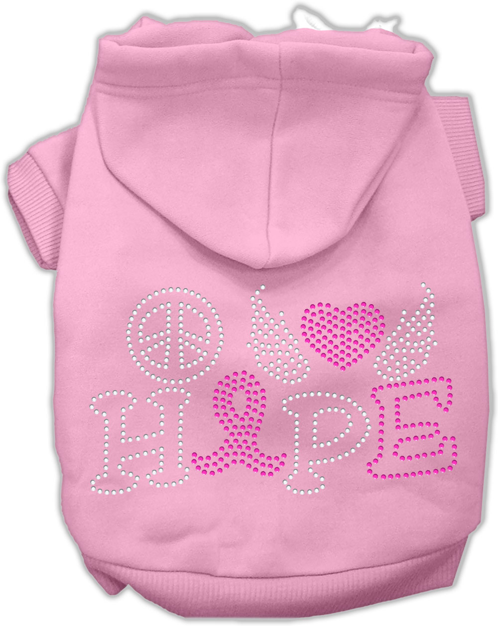 Peace Love Hope Breast Cancer Rhinestone Pet Hoodie Light Pink XXL