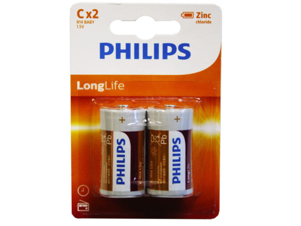 Case of 12 - Philips Long Life Zinc Chloride 2 Pack C Battery