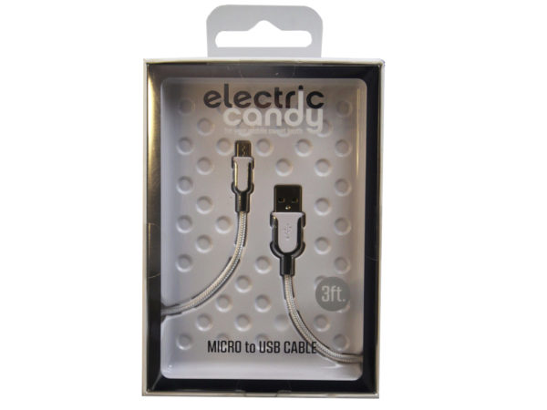 Case of 16 - Electric Candy 3 Ft Micro USB Cable in Silver and White