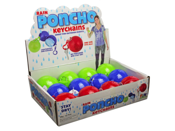 Case of 24 - Assorted Color Rain Poncho Ball Keychain in Countertop Display