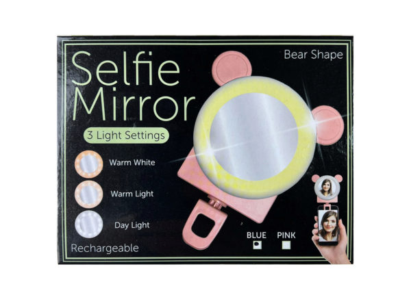Case of 4 - Bear Shaped Phone Ring Light with Mirror in 2 Assorted Colors
