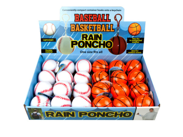 Case of 24 - Baseball and Basketball Rain Poncho in Countertop Display.