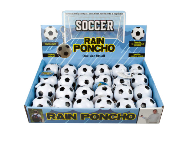 Case of 24 - Soccer Ball Keychain Rain Poncho in Countertop Display