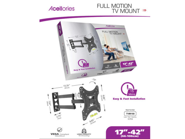 Case of 1 - Acellories Full Motion 17" - 42" TV Mount with Easy Installation