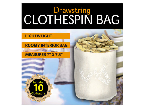 Case of 3 - Drawstring Clothespin Bag with 10 Wooden Pins